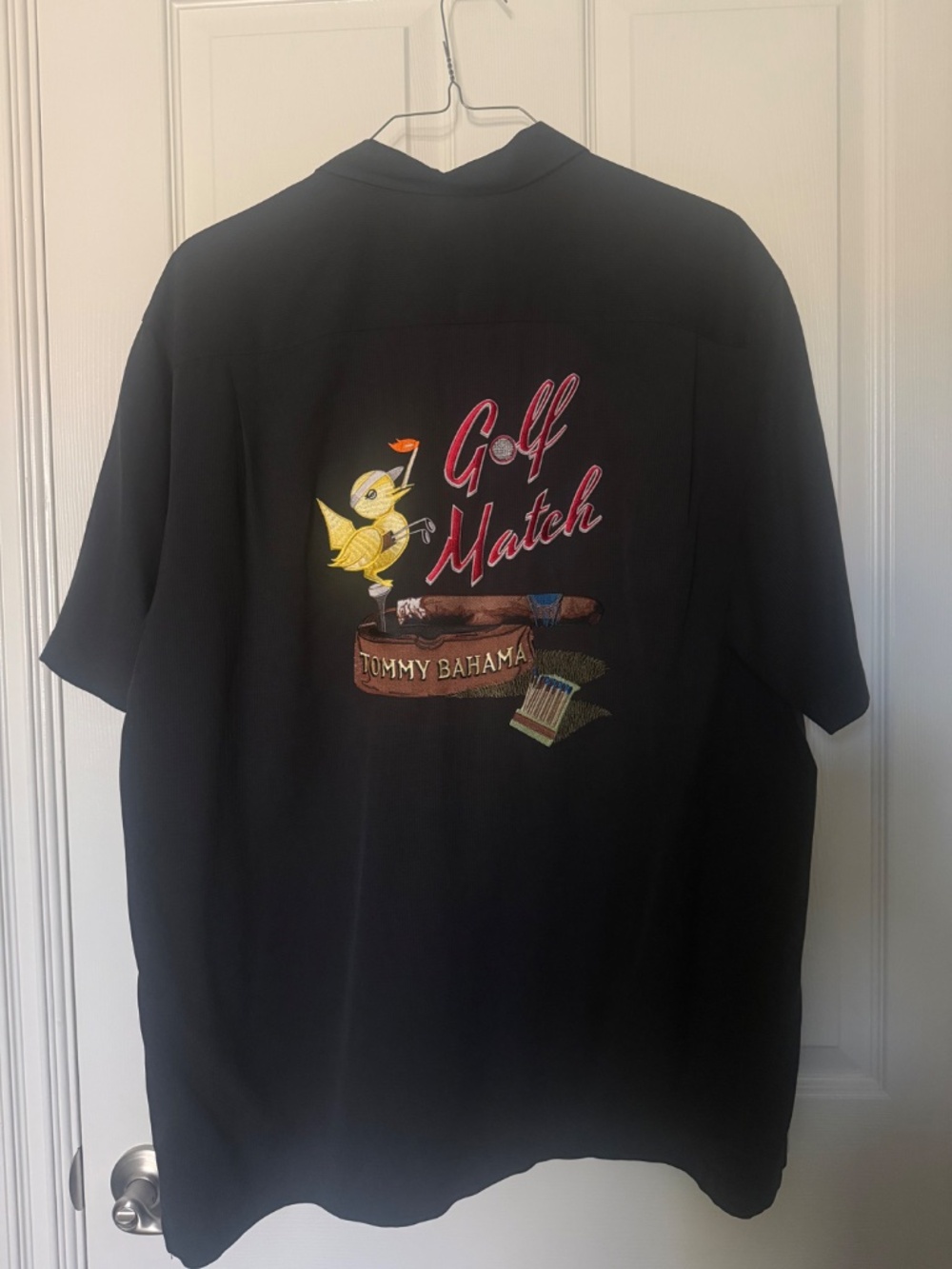 Tommy Bahama SS Black Embroidered 'Golf design' Silk Camp Shirt SZ XL/TG